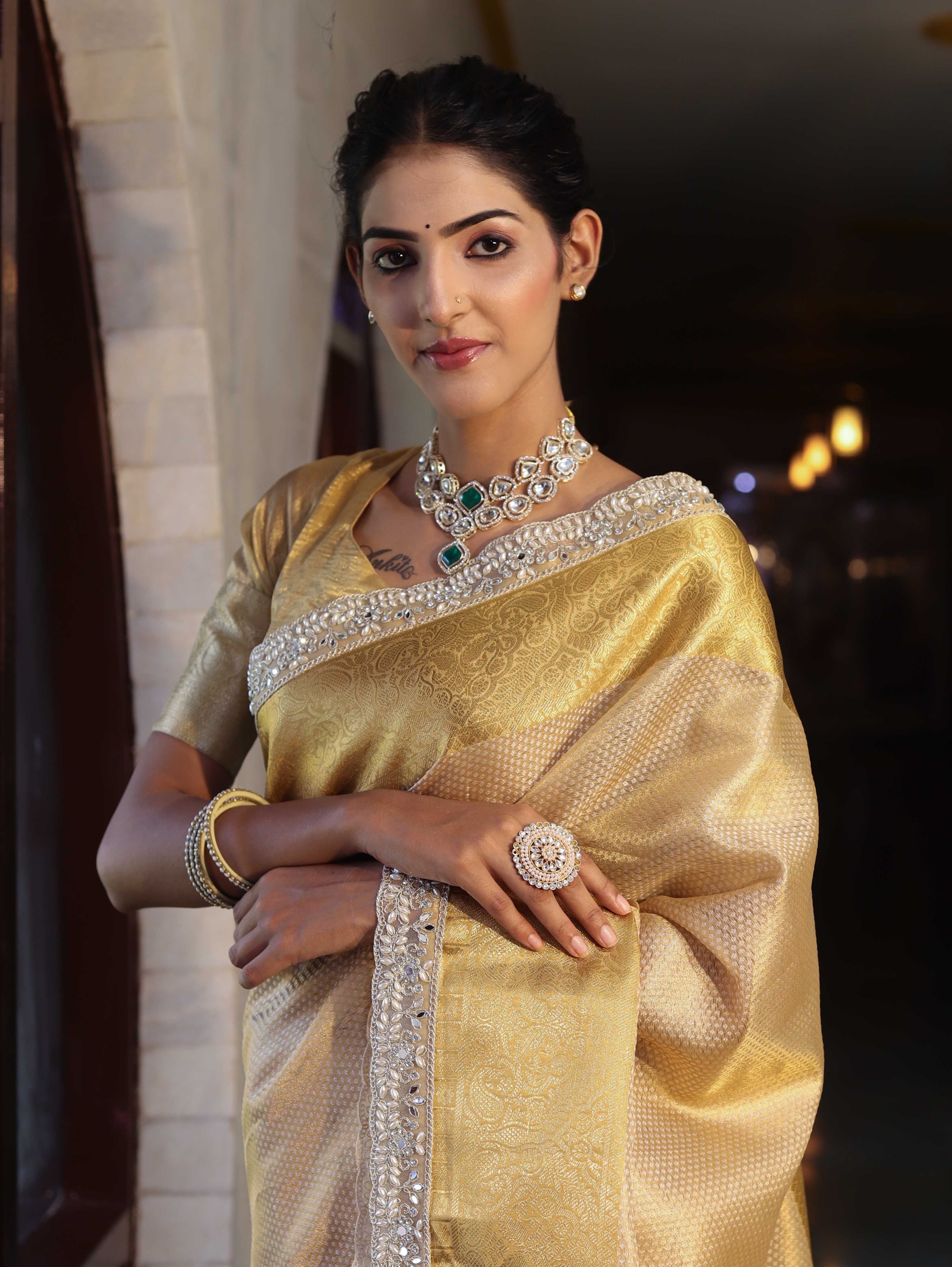 Banarasee Handwoven Tissue Saree With Zari Weaving Design & Lace-Light Yellow