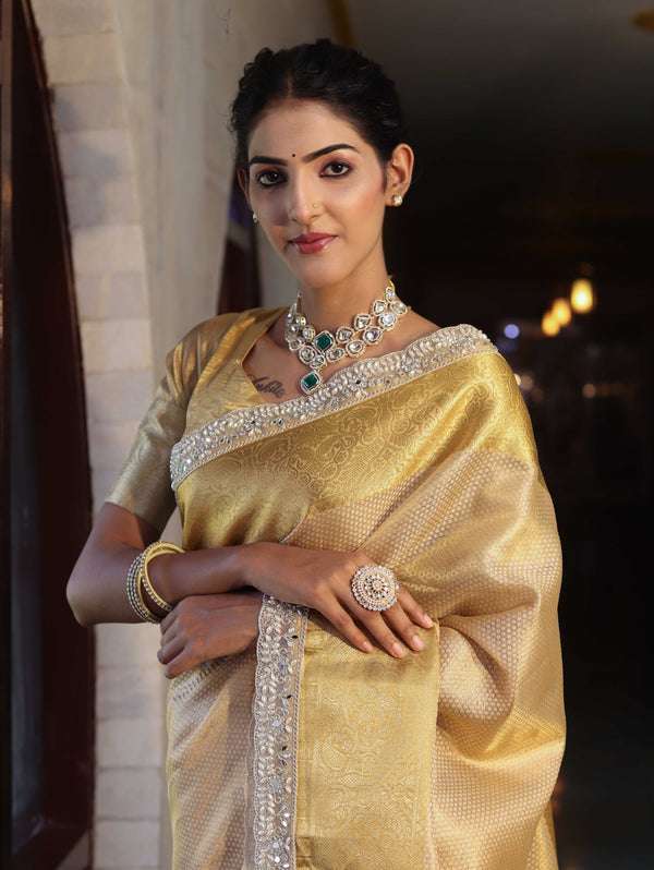 Banarasee Handwoven Tissue Saree With Zari Weaving Design & Lace-Light Yellow