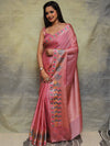 Banarasee Handwoven Semi Silk Plain Saree With Broad Zari & Meena Border-Pink