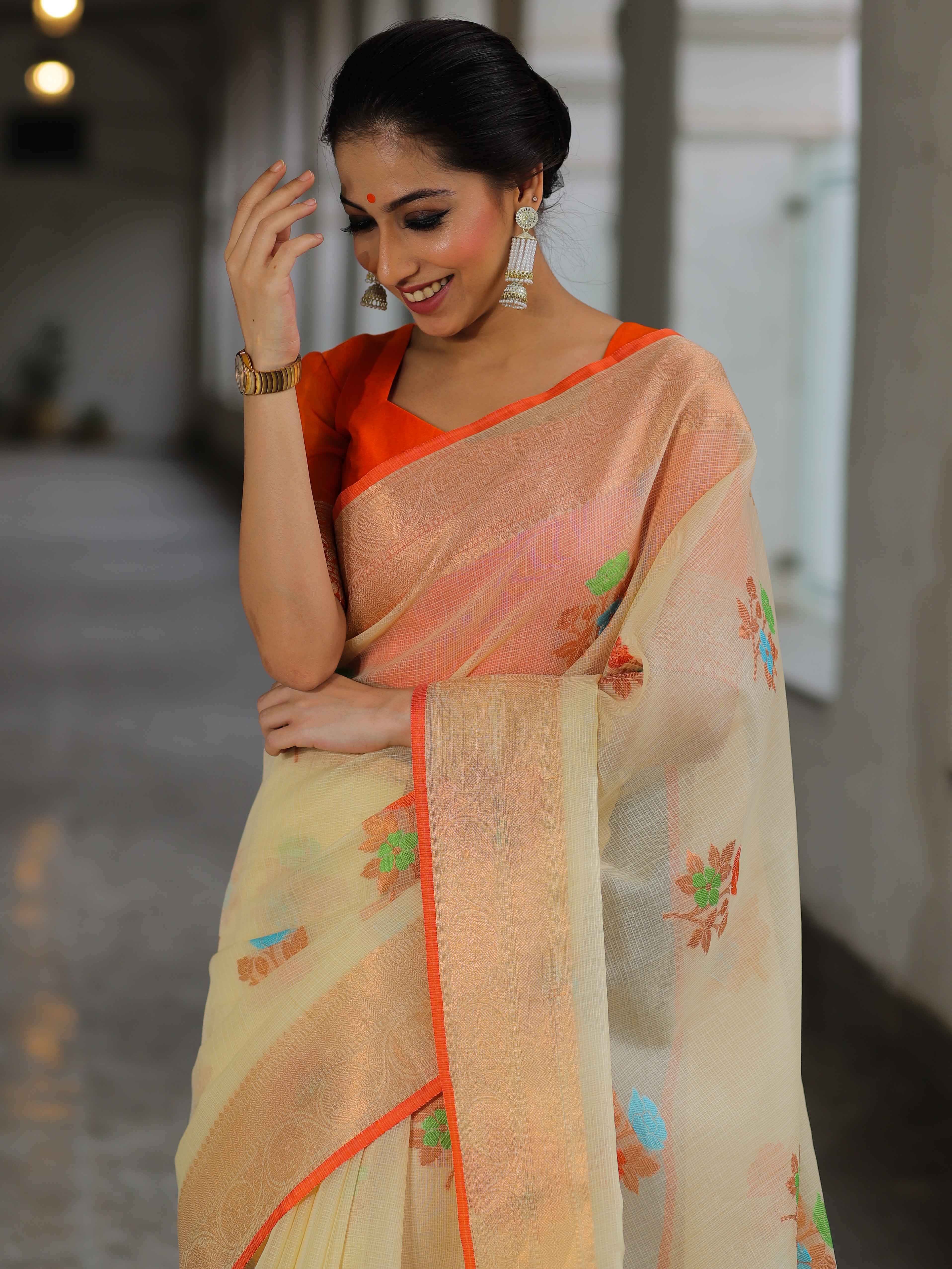 Banarasee Kota Checks Saree With Floral Buta & Border Design-Cream