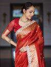 Banarasee Handloom Tissue Saree With Hand Embroidered Mirror Work Pearl Motifs & Zari Woven Pallu-Red