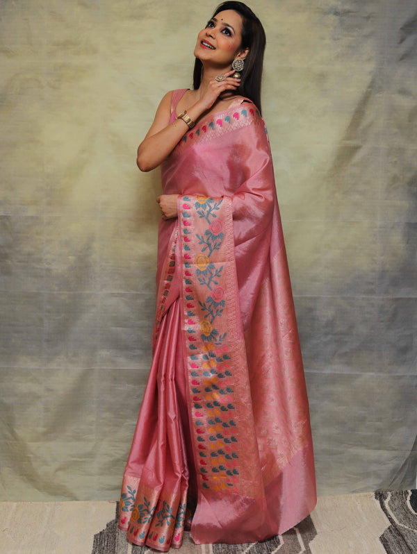 Banarasee Handwoven Semi Silk Plain Saree With Broad Zari & Meena Border-Pink