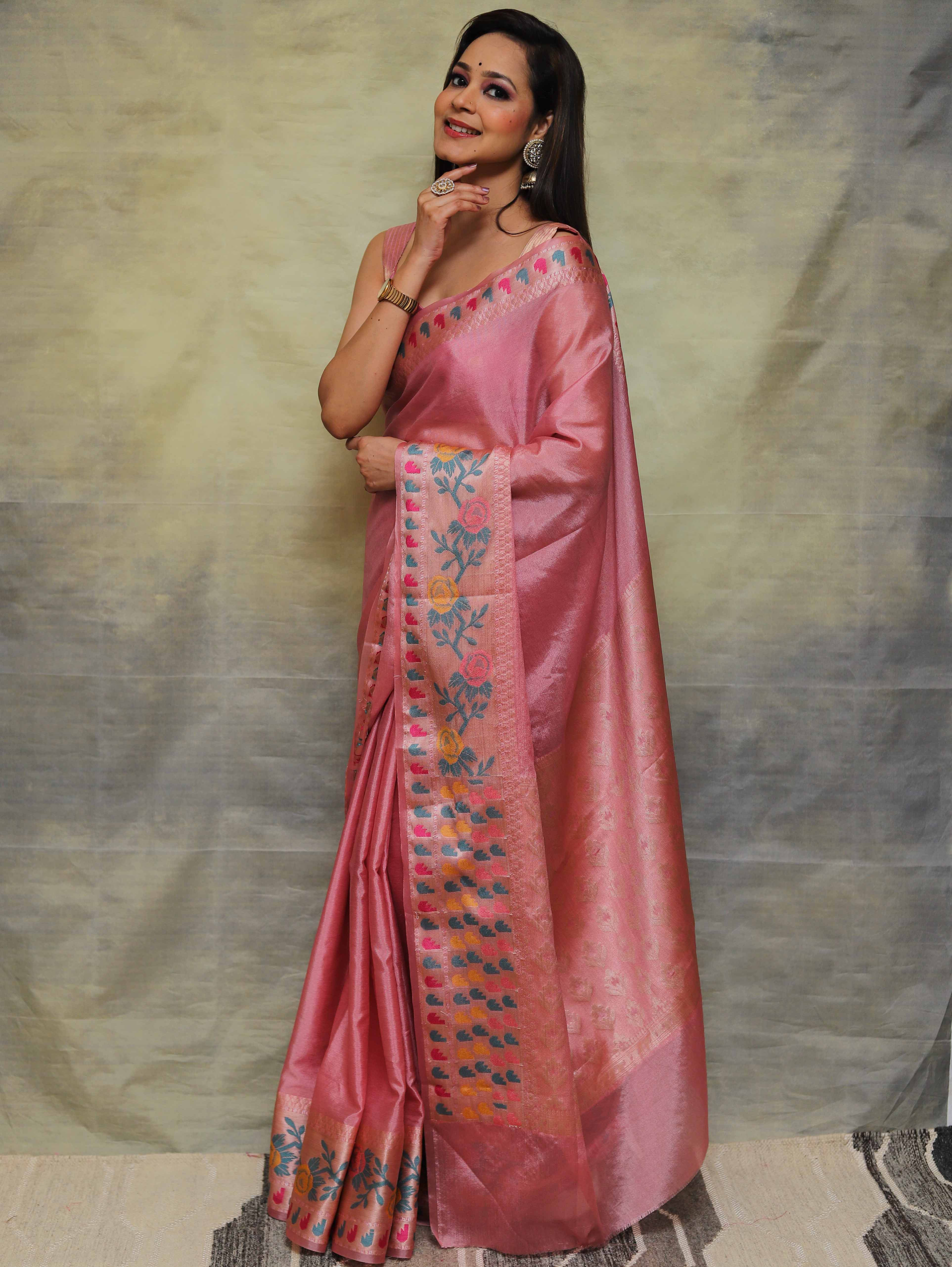 Banarasee Handwoven Semi Silk Plain Saree With Broad Zari & Meena Border-Pink