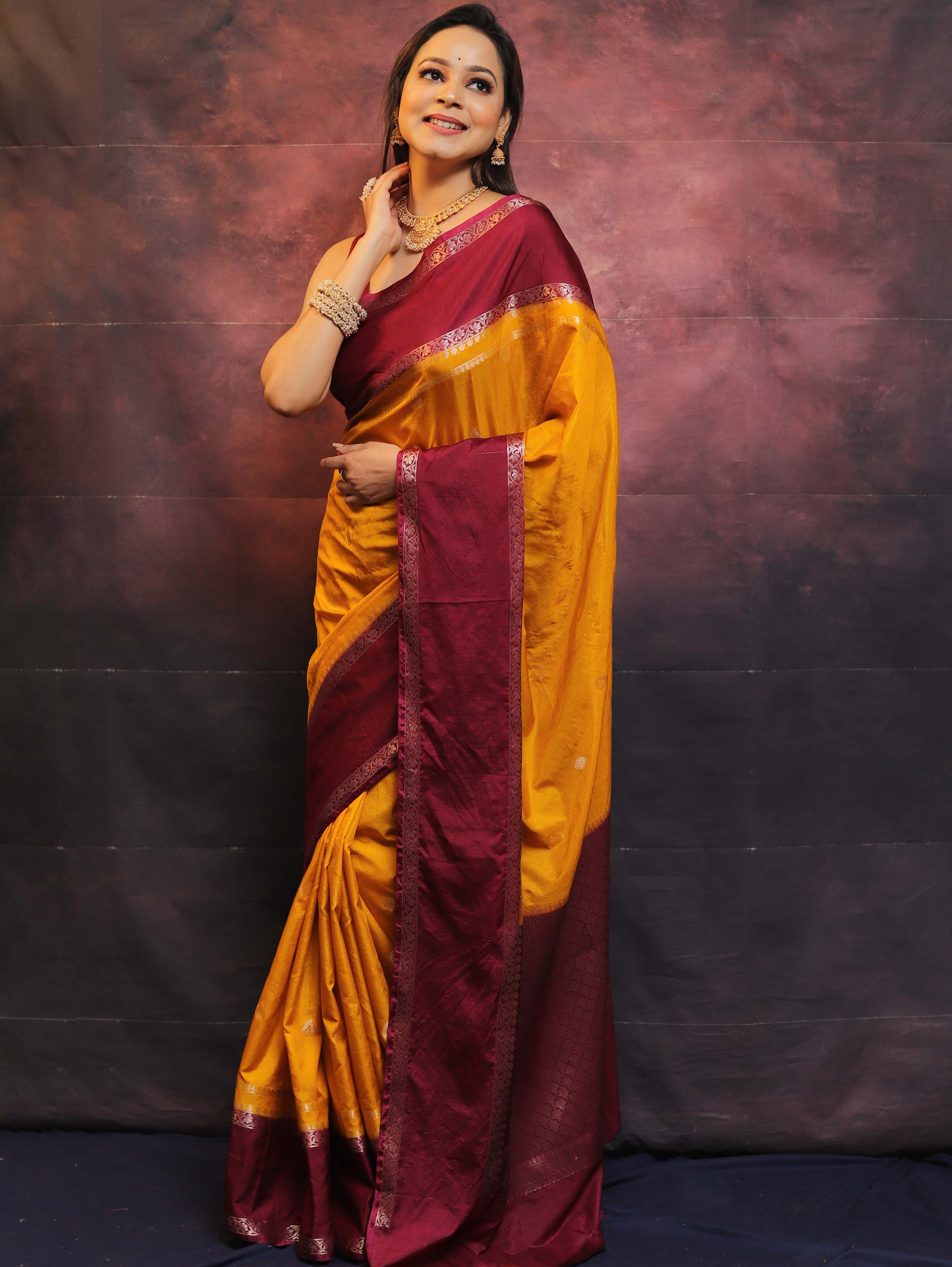 Banarasee Handwoven Semi Silk Saree With Broad Border-Yellow & Maroon