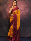 Banarasee Handwoven Semi Silk Saree With Broad Border-Yellow & Maroon