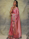 Banarasee Handwoven Semi Silk Plain Saree With Broad Zari & Meena Border-Pink