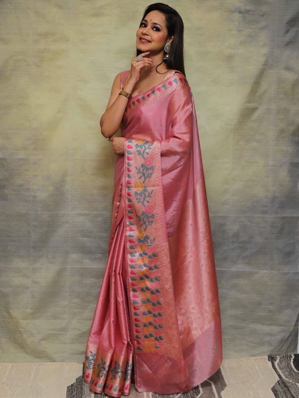 Banarasee Handwoven Semi Silk Plain Saree With Broad Zari & Meena Border-Pink