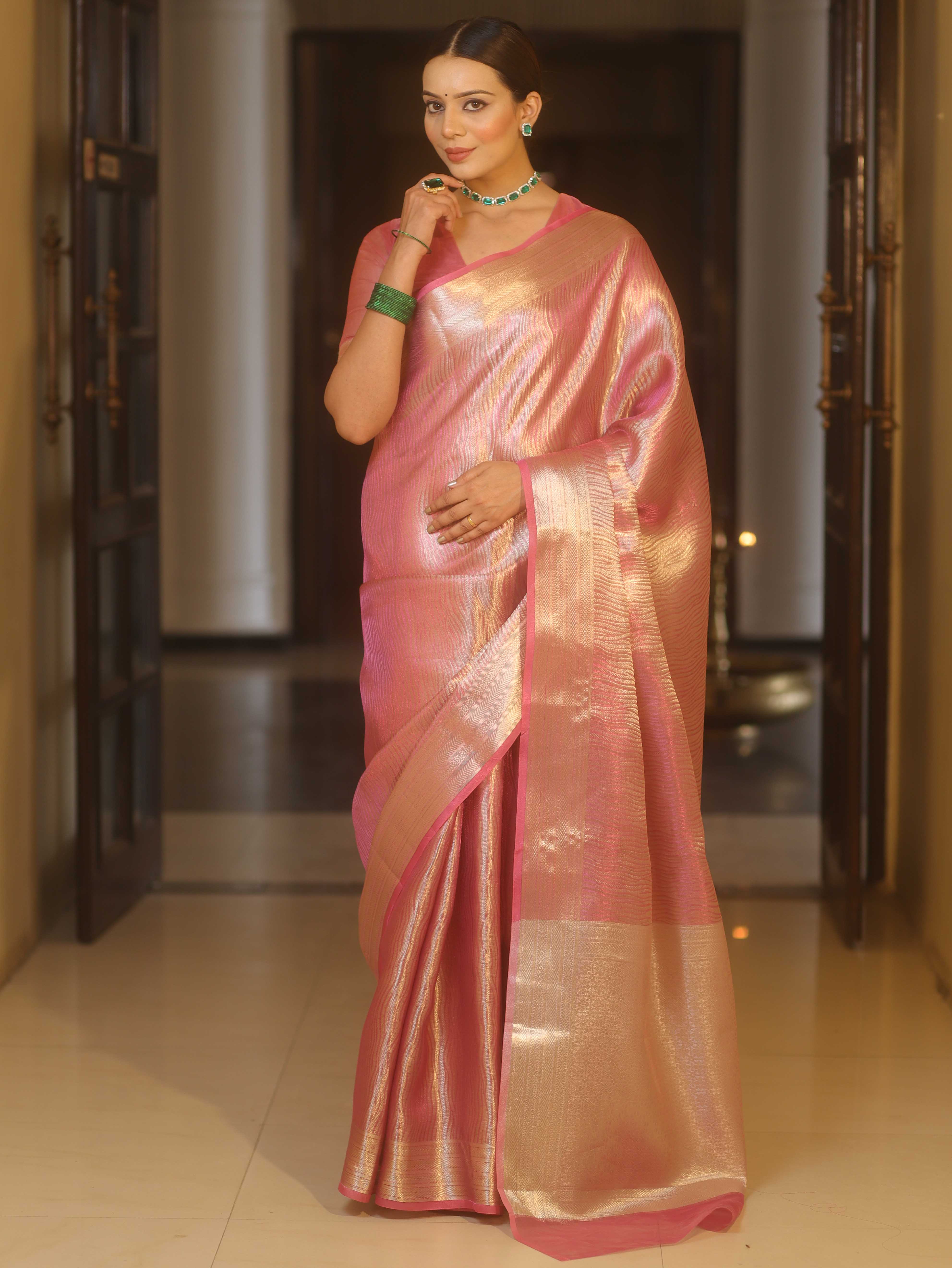 Banarasee Handwoven Tissue Saree With Silver Zari Design & Broder-Onion Pink