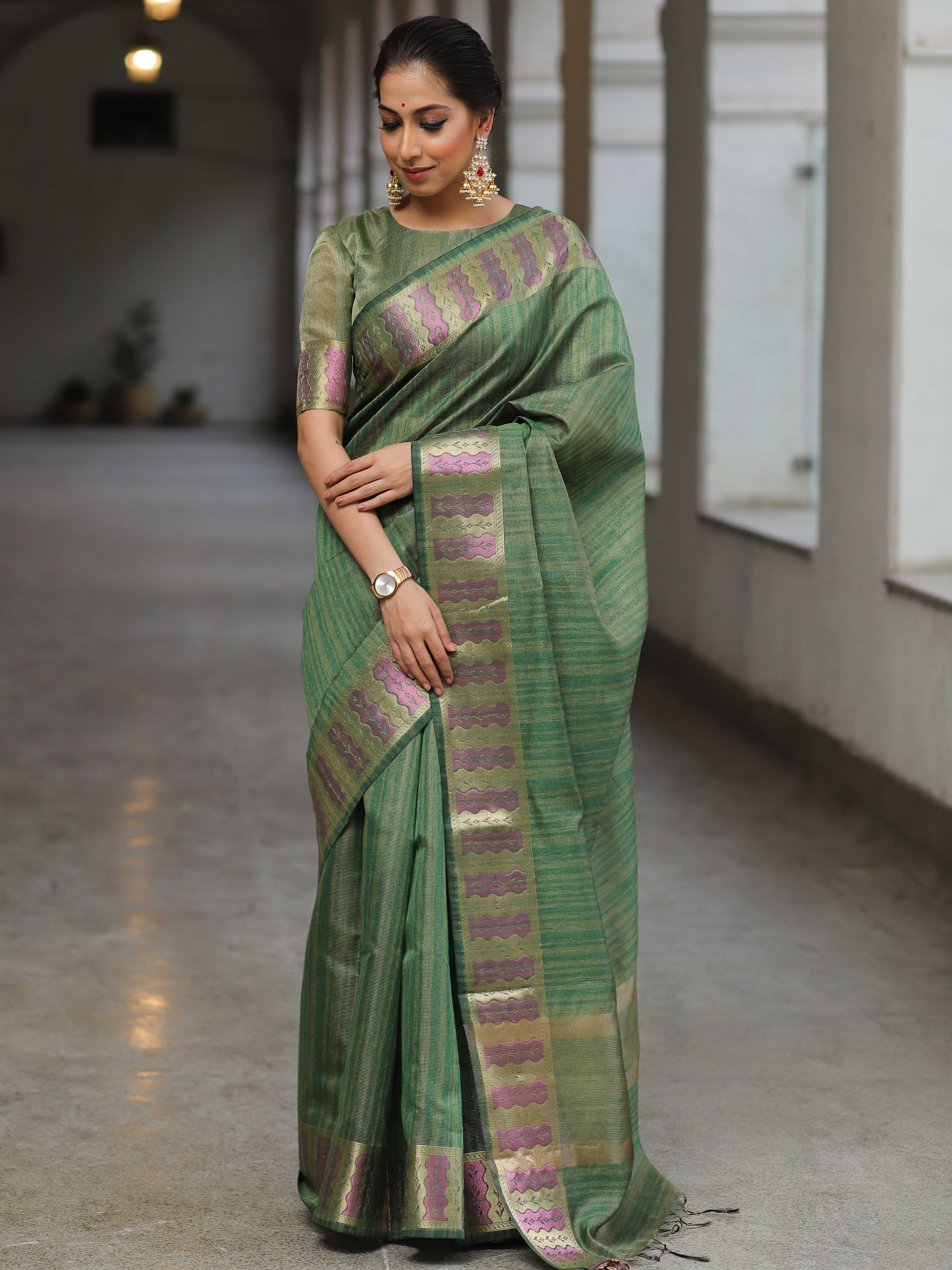 Banarasee Handloom Linen Tissue Meena & Zari Border Saree-Olive Green