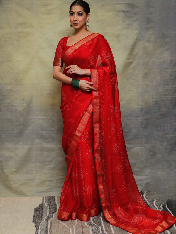 Banarasee Chiffon Blend Saree Chunri Print Zari Border & Silk Blouse-Red