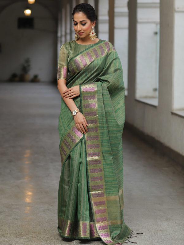 Banarasee Handloom Linen Tissue Meena & Zari Border Saree-Olive Green