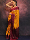 Banarasee Handwoven Semi Silk Saree With Broad Border-Yellow & Maroon