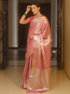Banarasee Handwoven Tissue Saree With Silver Zari Design & Broder-Onion Pink