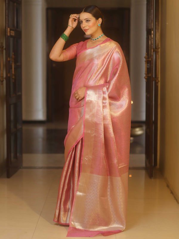 Banarasee Handwoven Tissue Saree With Silver Zari Design & Broder-Onion Pink