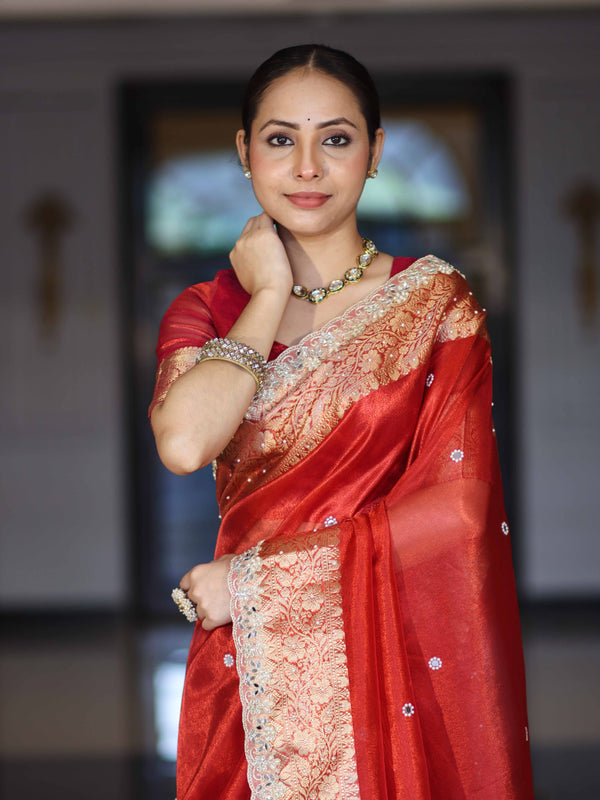 Banarasee Handloom Tissue Saree With Hand Embroidered Mirror Work Pearl Motifs & Zari Woven Pallu-Red