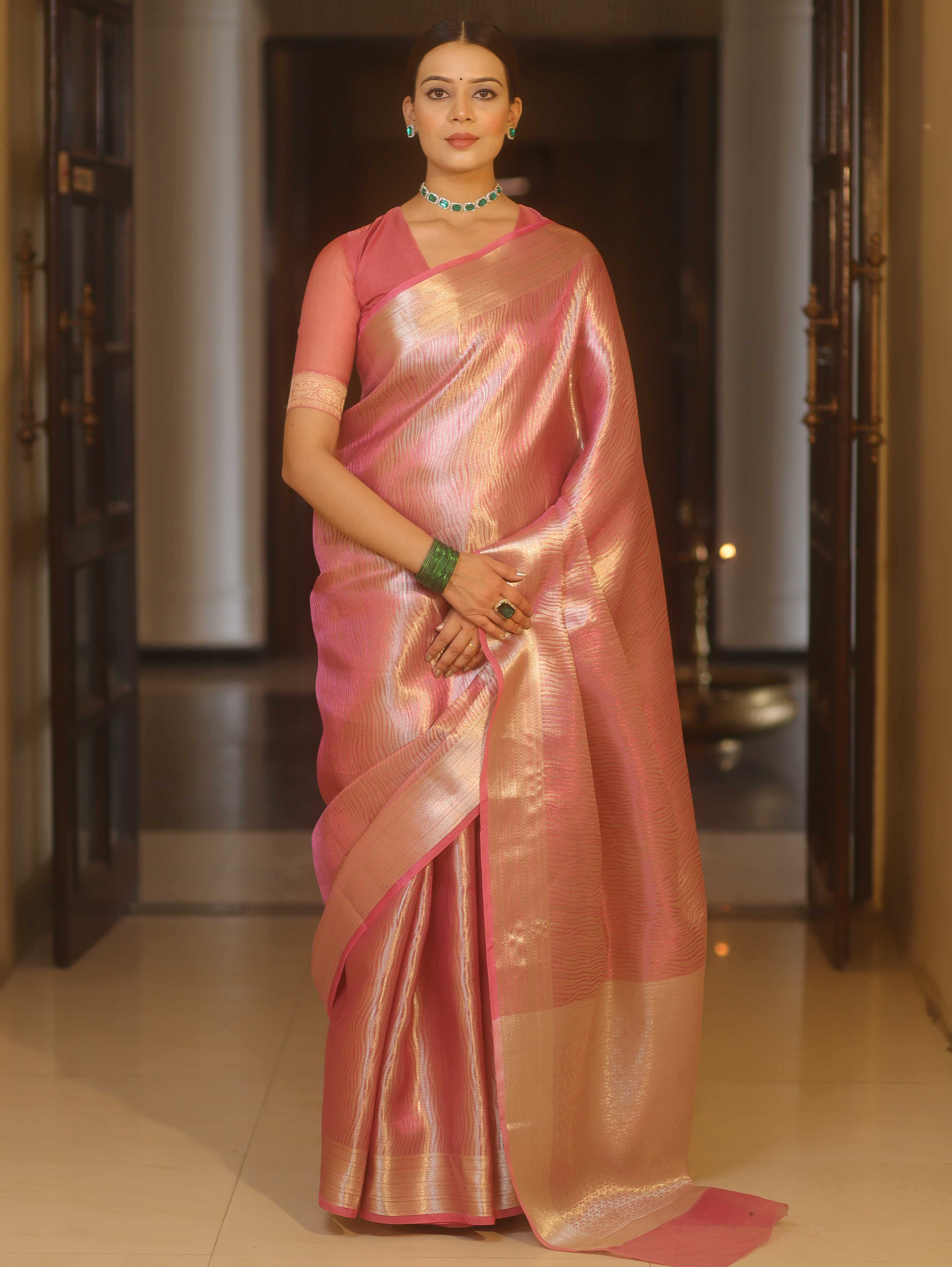 Banarasee Handwoven Tissue Saree With Silver Zari Design & Broder-Onion Pink