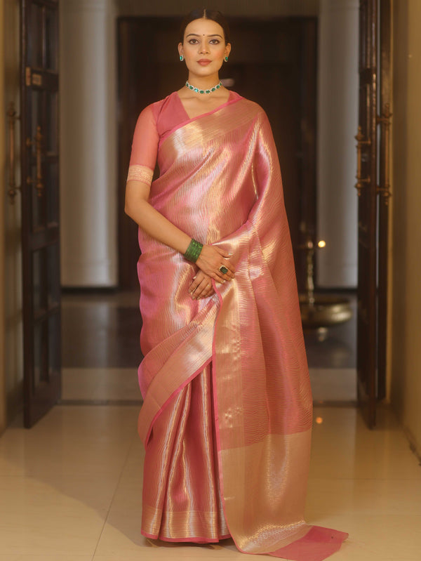 Banarasee Handwoven Tissue Saree With Silver Zari Design & Broder-Onion Pink
