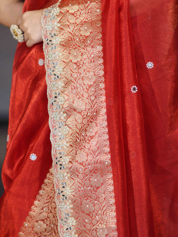 Banarasee Handloom Tissue Saree With Hand Embroidered Mirror Work Pearl Motifs & Zari Woven Pallu-Red