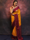 Banarasee Handwoven Semi Silk Saree With Broad Border-Yellow & Maroon