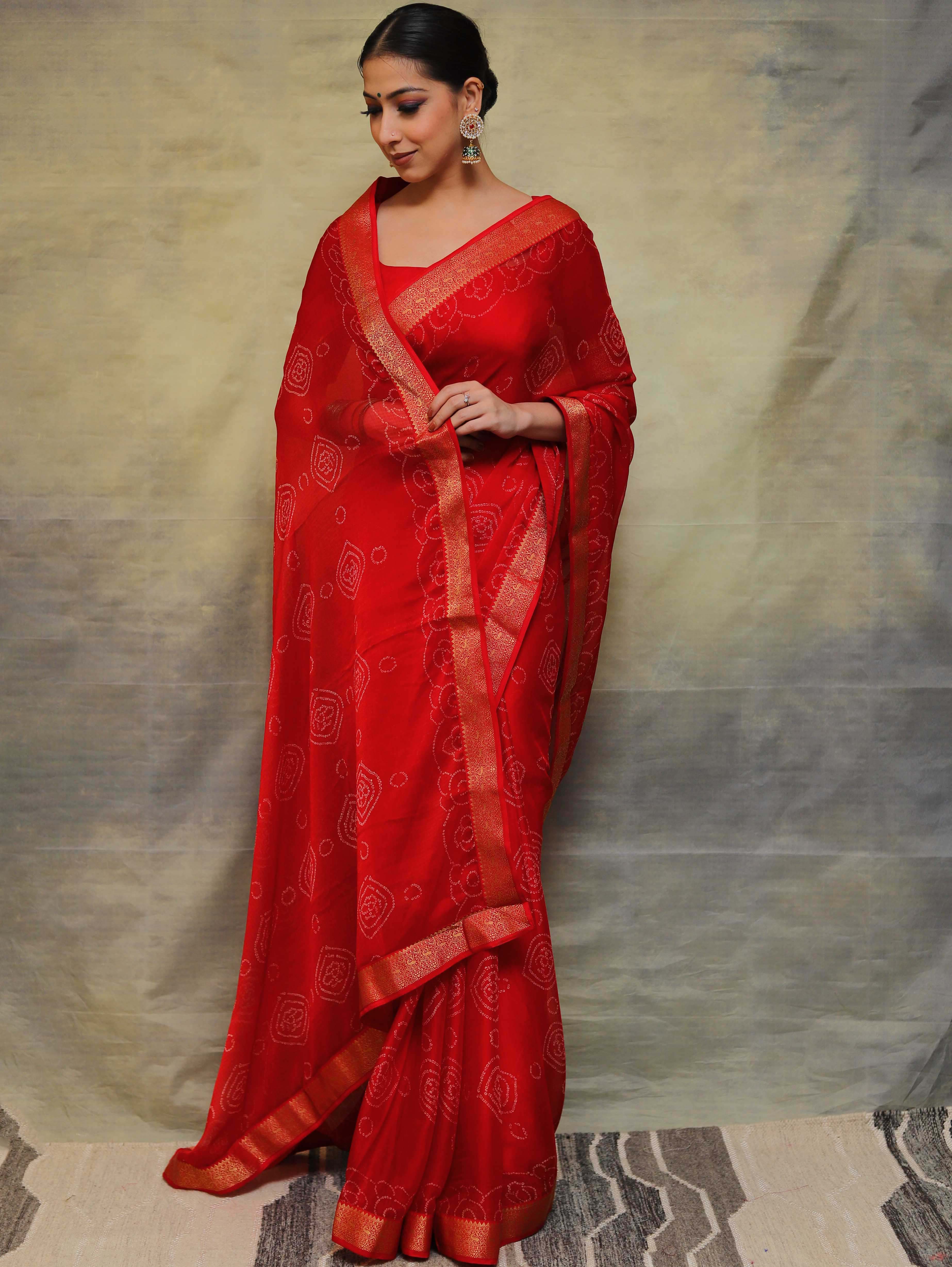 Banarasee Chiffon Blend Saree Chunri Print Zari Border & Silk Blouse-Red
