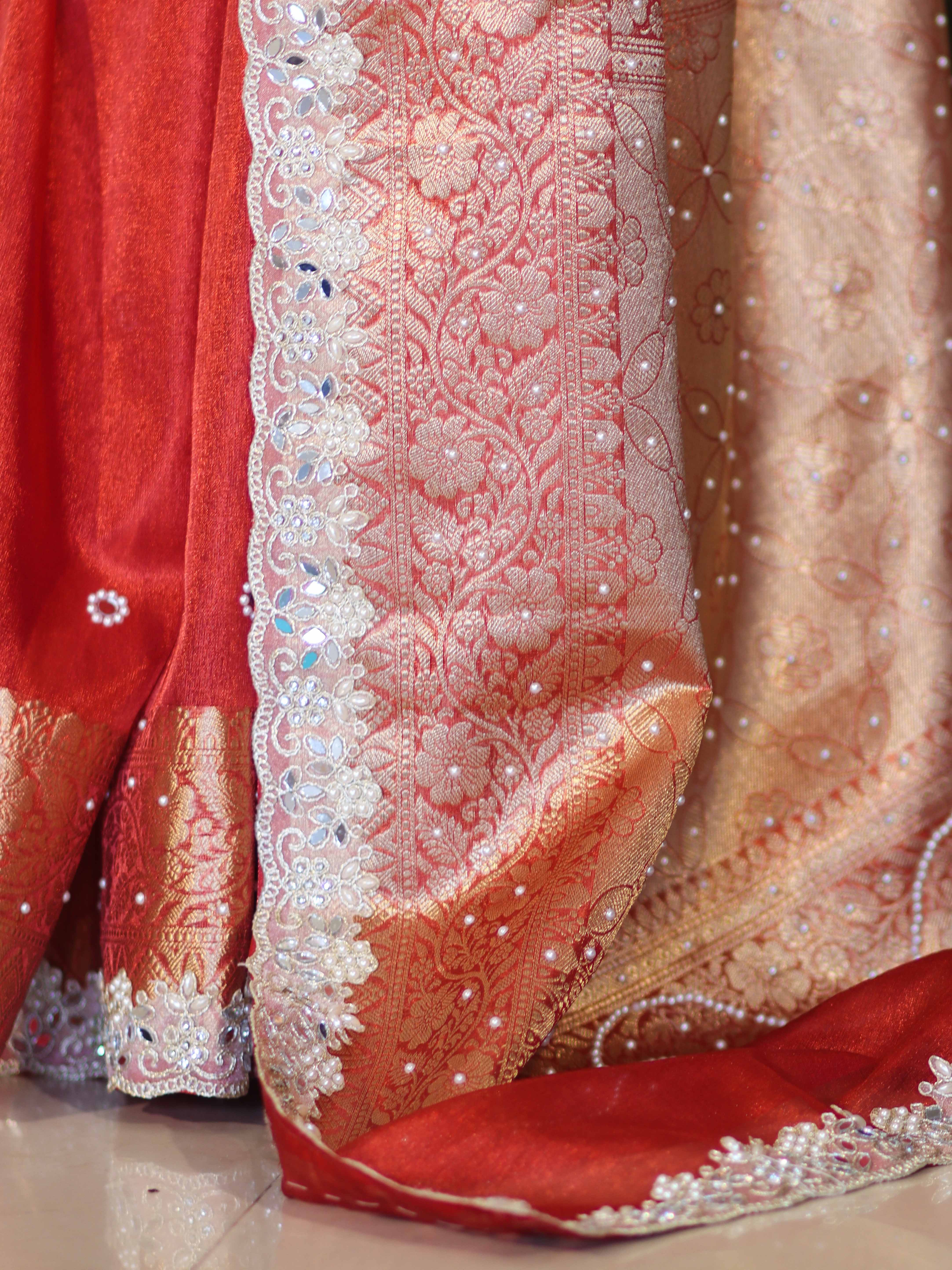 Banarasee Handloom Tissue Saree With Hand Embroidered Mirror Work Pearl Motifs & Zari Woven Pallu-Red
