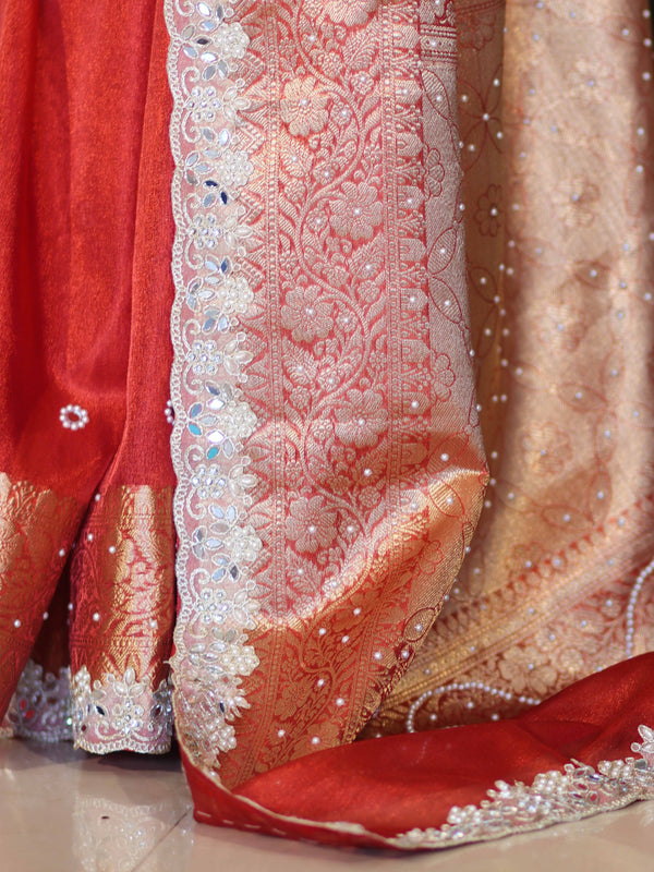 Banarasee Handloom Tissue Saree With Hand Embroidered Mirror Work Pearl Motifs & Zari Woven Pallu-Red