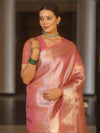 Banarasee Handwoven Tissue Saree With Silver Zari Design & Broder-Onion Pink