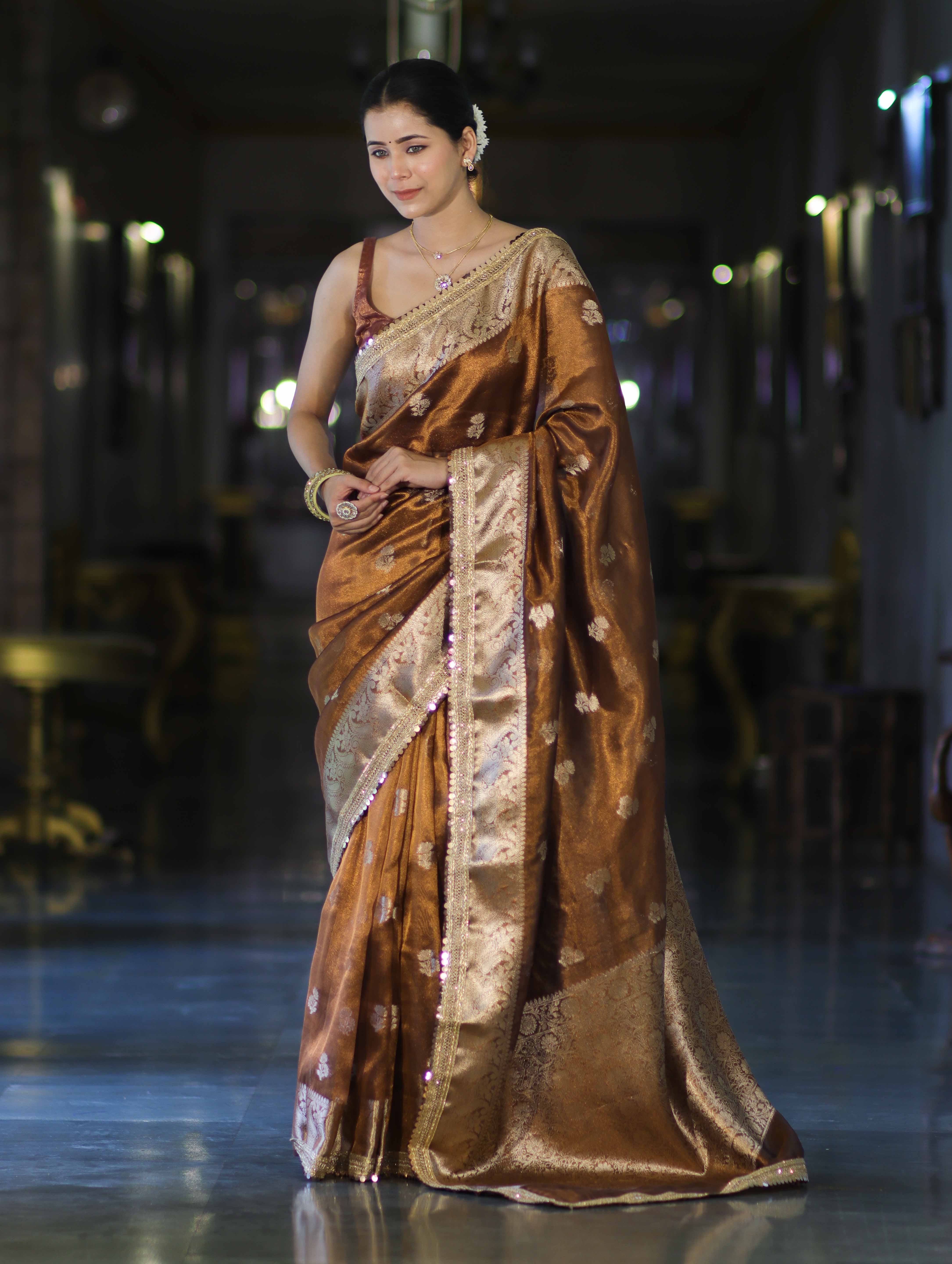 Banarasee Handloom Tissue Saree With Buta Design Zari Border & Lace-Brown
