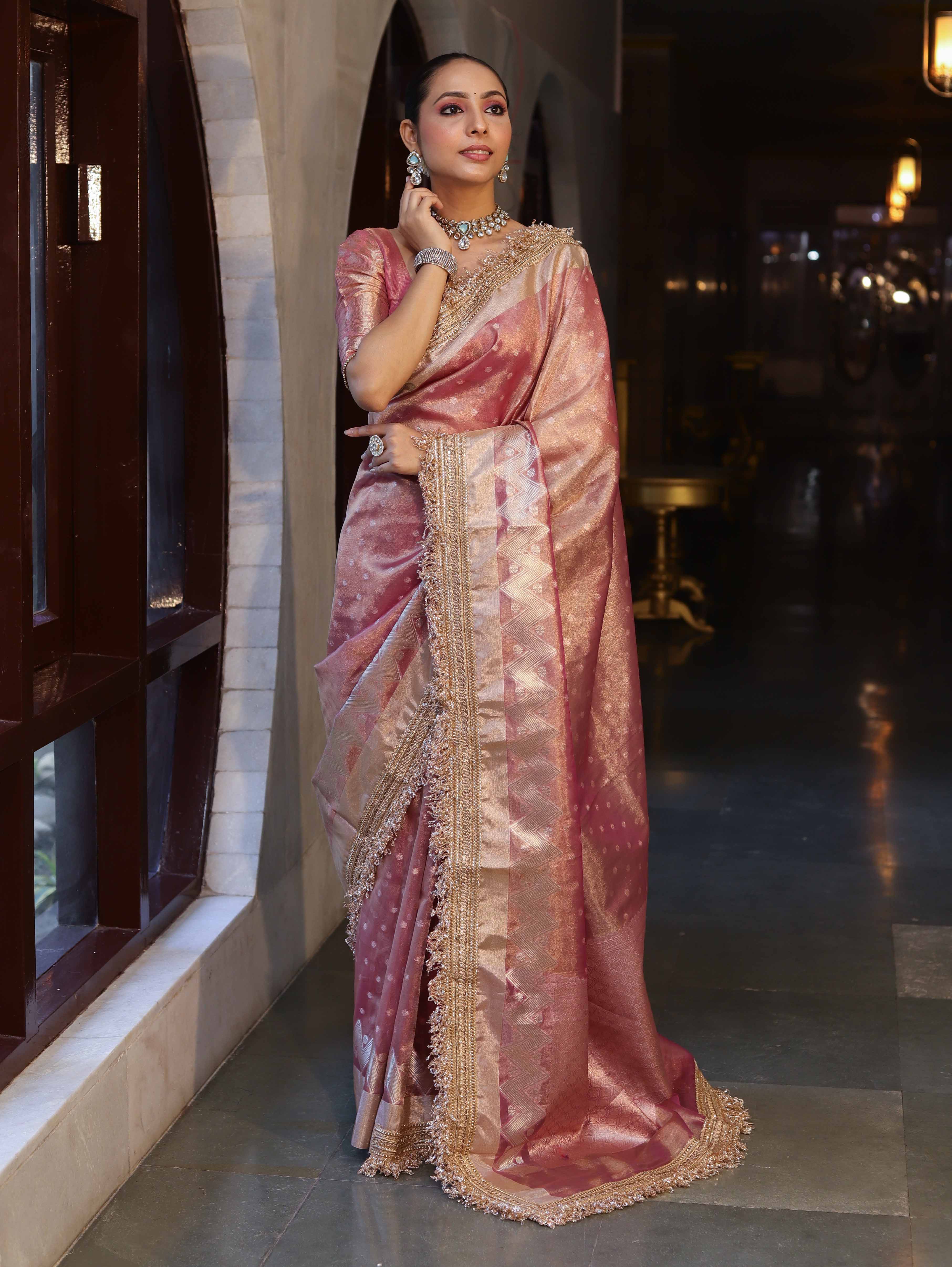 Banarasee Handwoven Tissue Saree With Zari Buti Design & Lace-Onion Pink
