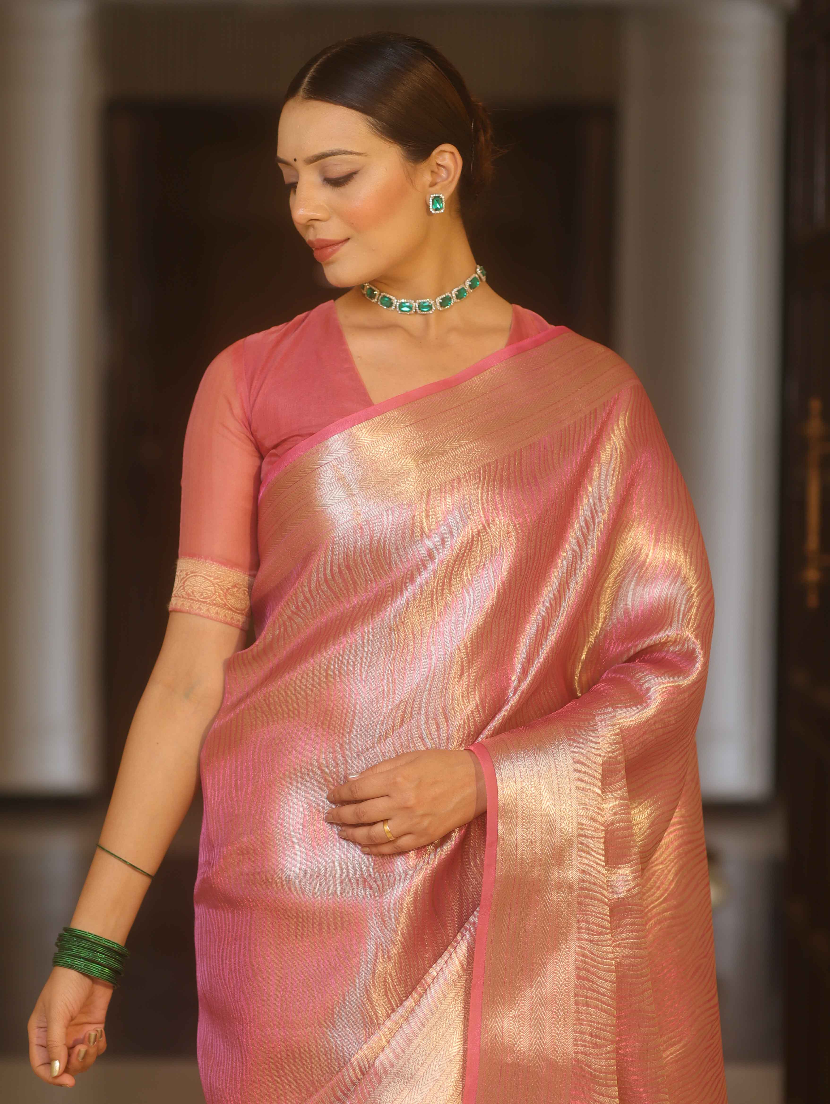 Banarasee Handwoven Tissue Saree With Silver Zari Design & Broder-Onion Pink