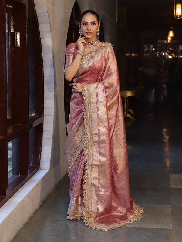 Banarasee Handwoven Tissue Saree With Zari Buti Design & Lace-Onion Pink