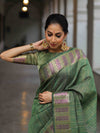 Banarasee Handloom Linen Tissue Meena & Zari Border Saree-Olive Green