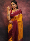 Banarasee Handwoven Semi Silk Saree With Broad Border-Yellow & Maroon