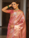 Banarasee Handwoven Tissue Saree With Silver Zari Design & Broder-Onion Pink
