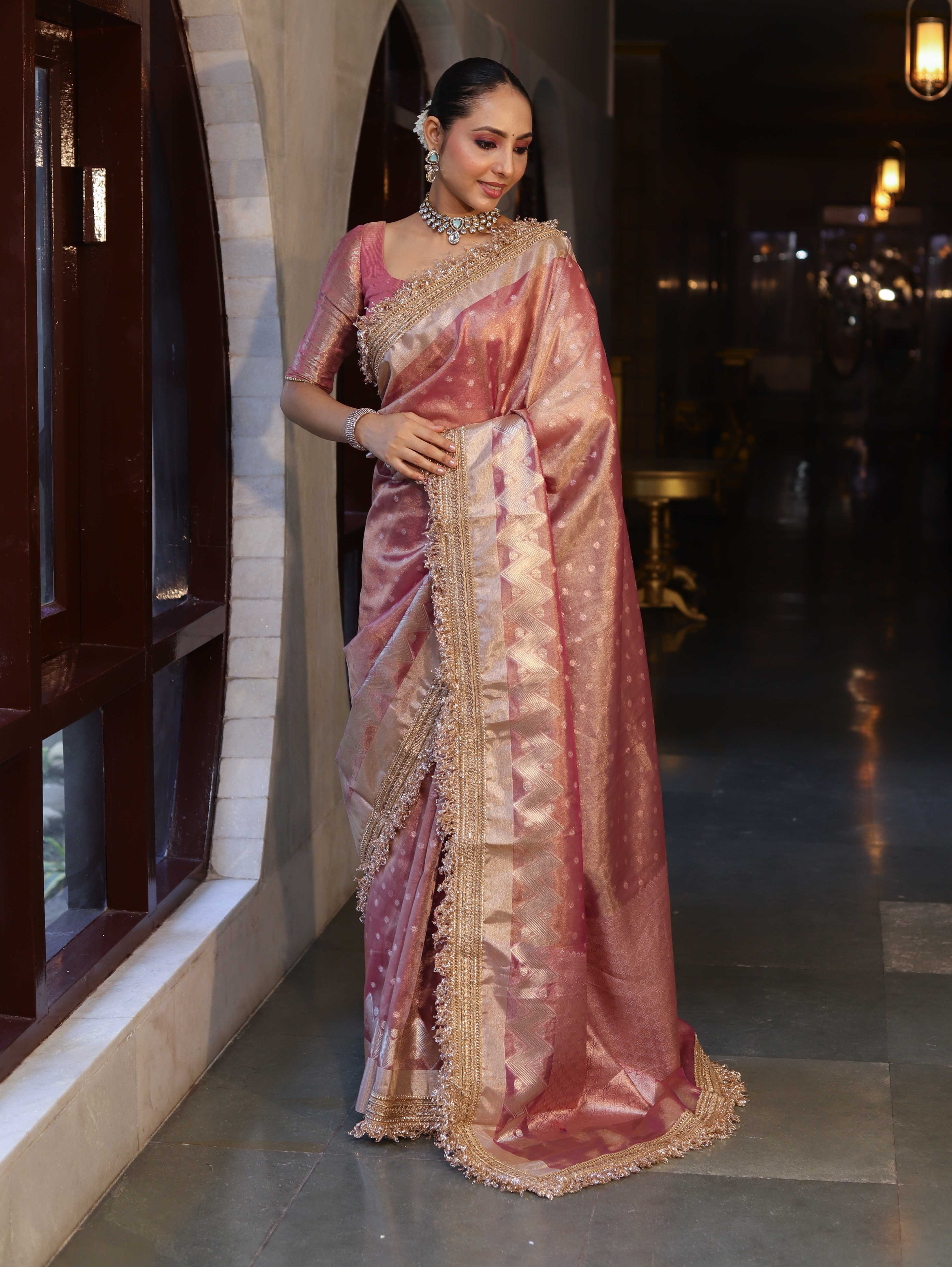 Banarasee Handwoven Tissue Saree With Zari Buti Design & Lace-Onion Pink