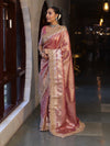 Banarasee Handwoven Tissue Saree With Zari Buti Design & Lace-Onion Pink