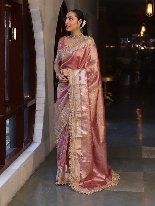 Banarasee Handwoven Tissue Saree With Zari Buti Design & Lace-Onion Pink