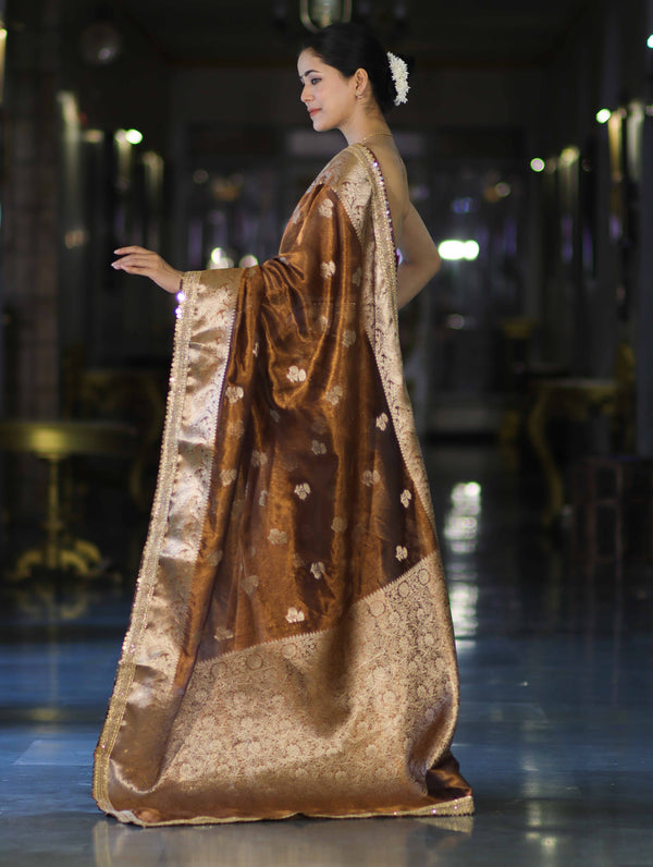 Banarasee Handloom Tissue Saree With Buta Design Zari Border & Lace-Brown