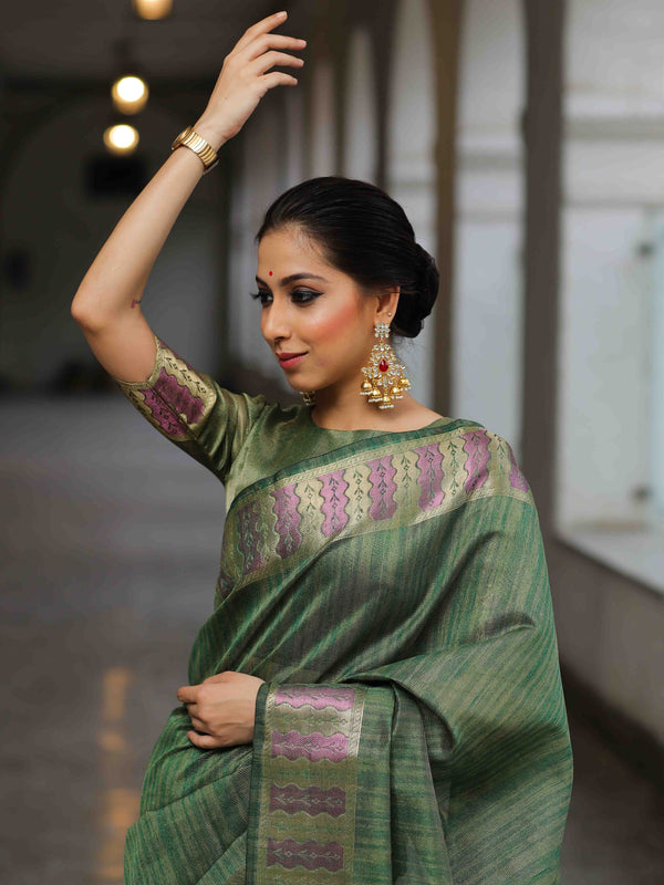 Banarasee Handloom Linen Tissue Meena & Zari Border Saree-Olive Green