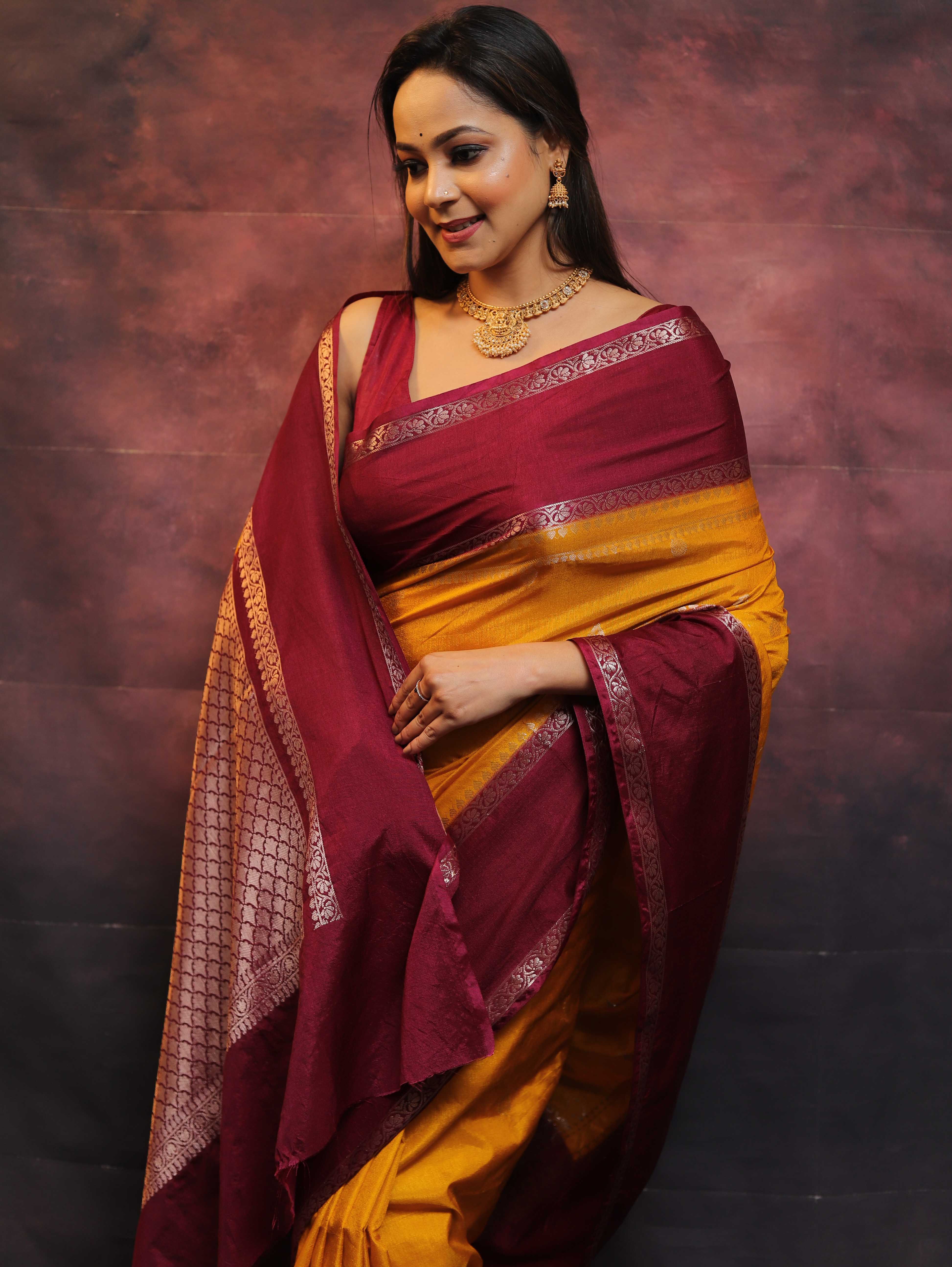Banarasee Handwoven Semi Silk Saree With Broad Border-Yellow & Maroon