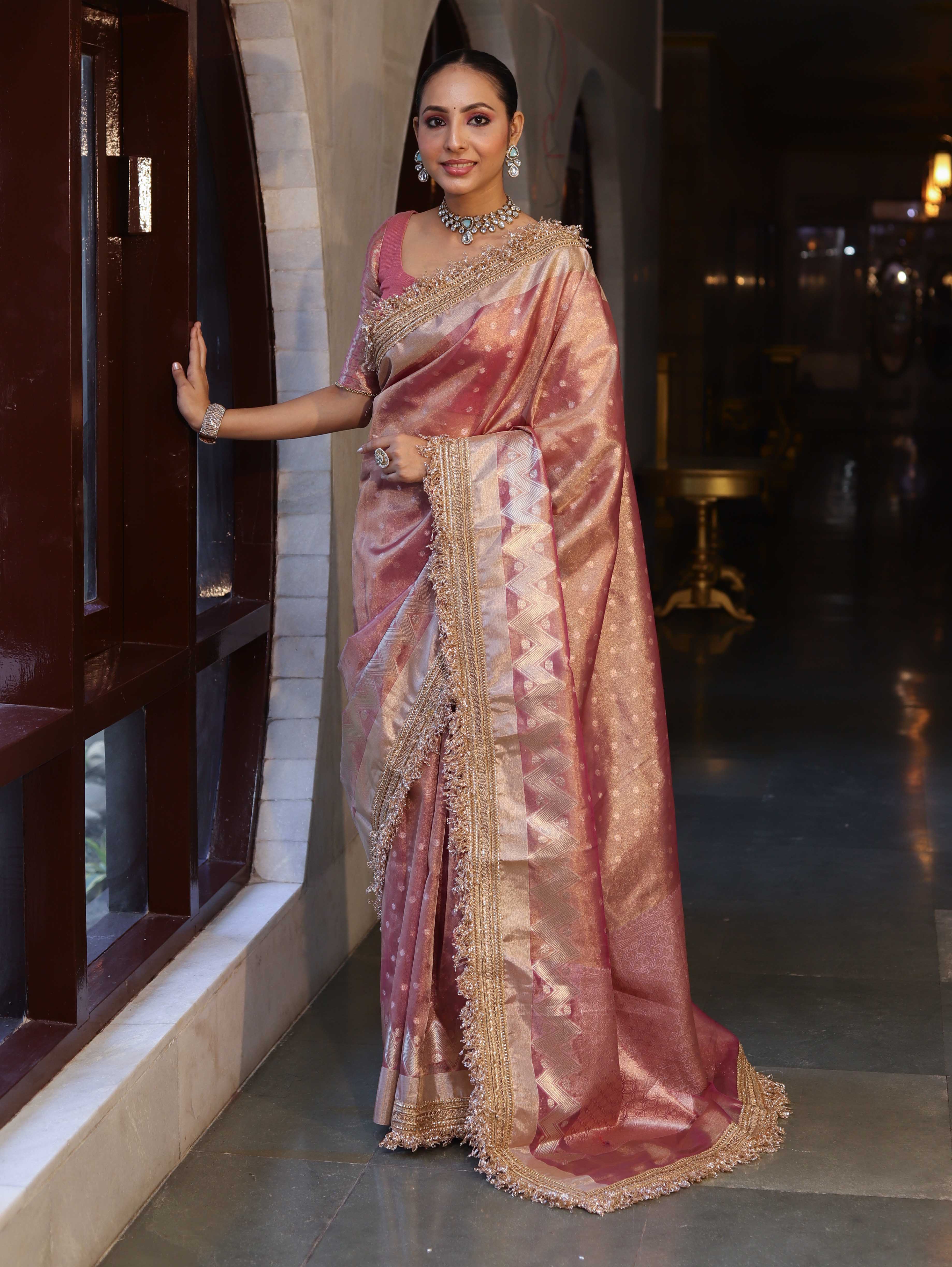 Banarasee Handwoven Tissue Saree With Zari Buti Design & Lace-Onion Pink