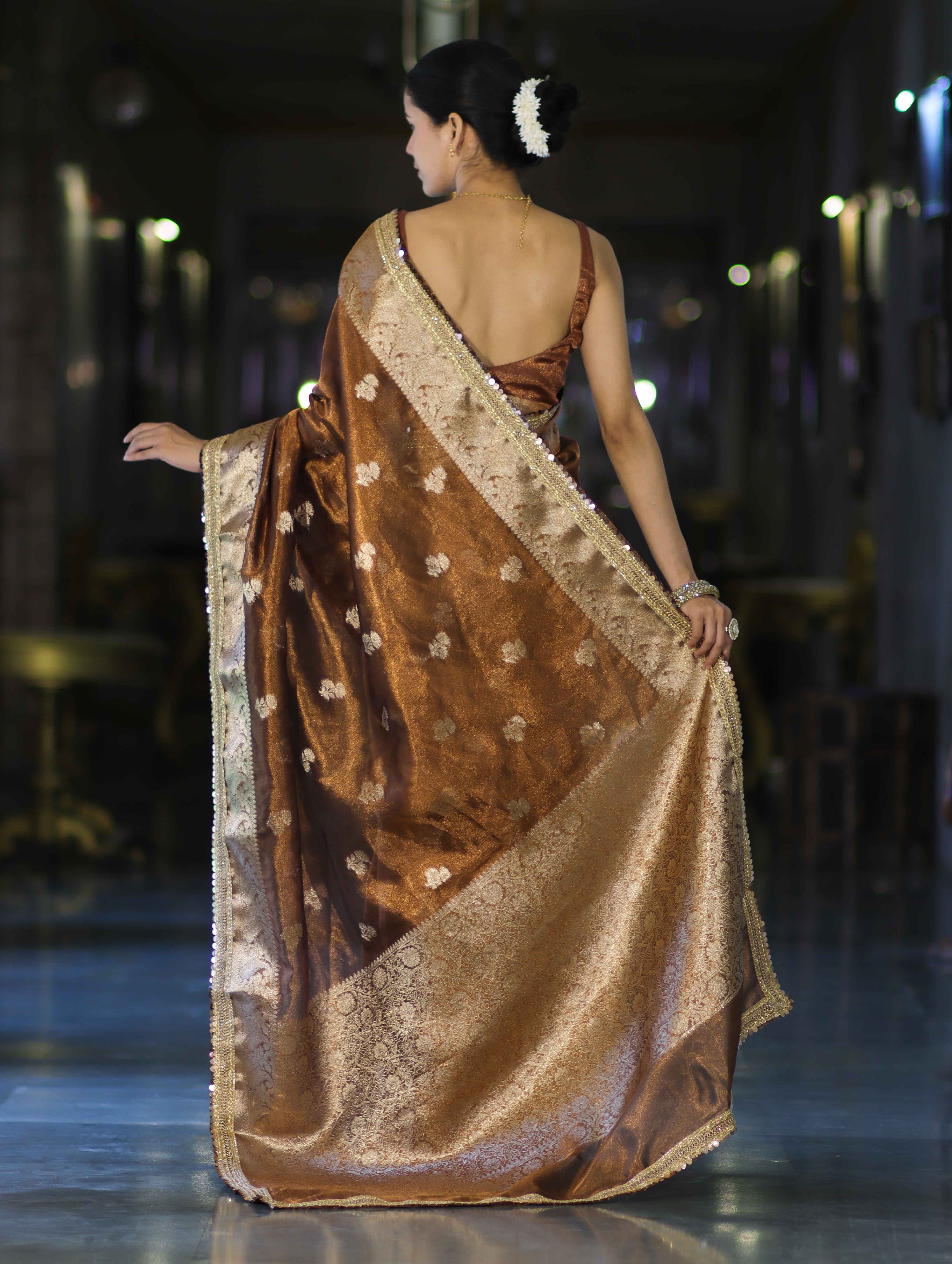 Banarasee Handloom Tissue Saree With Buta Design Zari Border & Lace-Brown
