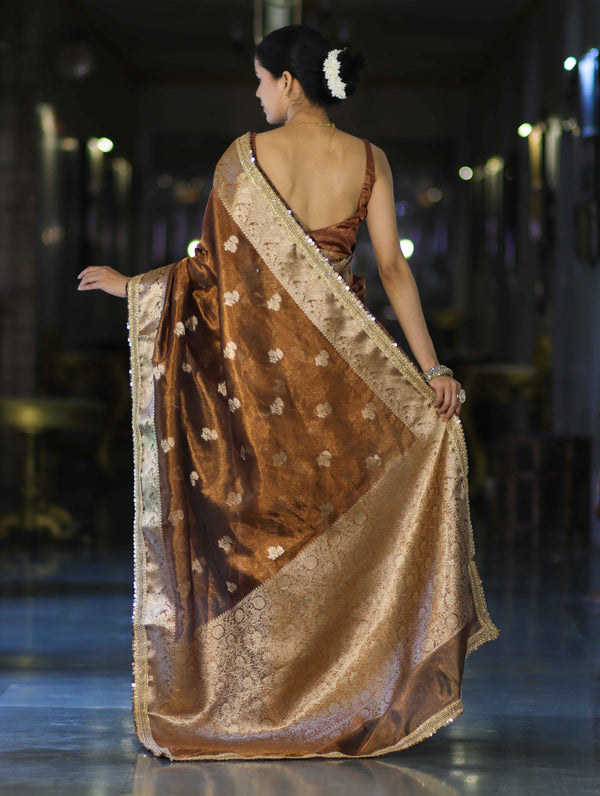 Banarasee Handloom Tissue Saree With Buta Design Zari Border & Lace-Brown