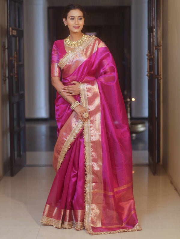Banarasee Handwoven Plain Tissue Saree With Zari Border & Lace-Pink