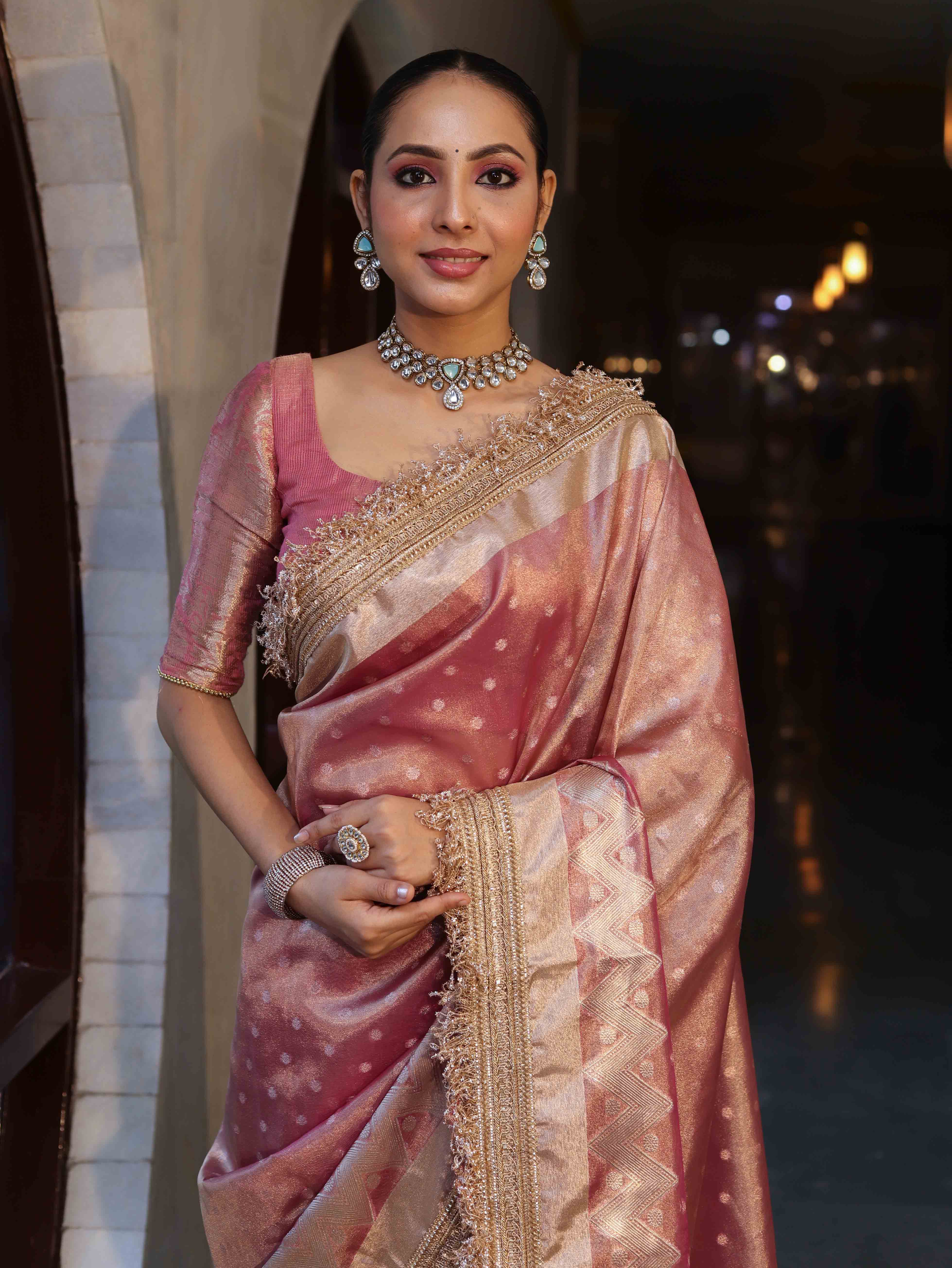 Banarasee Handwoven Tissue Saree With Zari Buti Design & Lace-Onion Pink