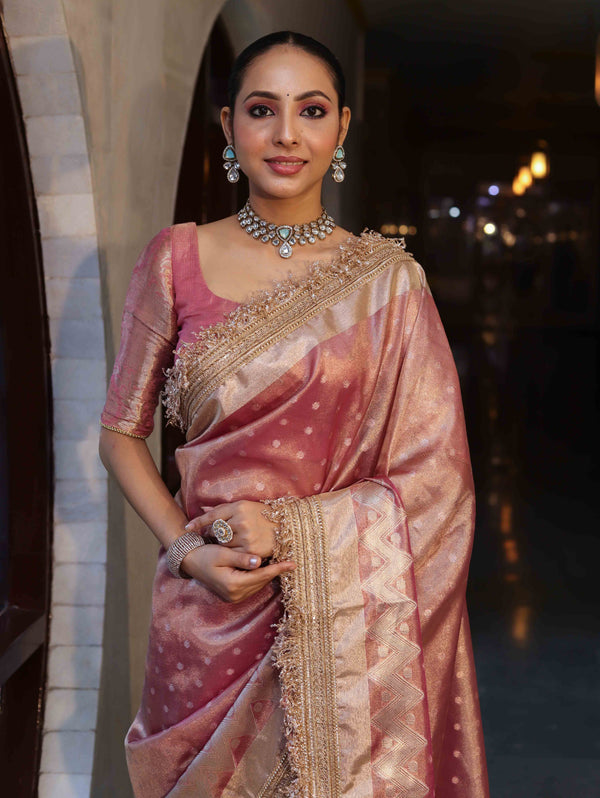 Banarasee Handwoven Tissue Saree With Zari Buti Design & Lace-Onion Pink