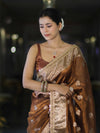 Banarasee Handloom Tissue Saree With Buta Design Zari Border & Lace-Brown