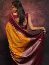 Banarasee Handwoven Semi Silk Saree With Broad Border-Yellow & Maroon