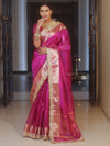 Banarasee Handwoven Plain Tissue Saree With Zari Border & Lace-Pink