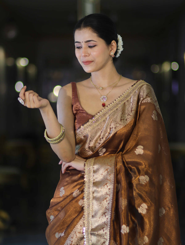 Banarasee Handloom Tissue Saree With Buta Design Zari Border & Lace-Brown